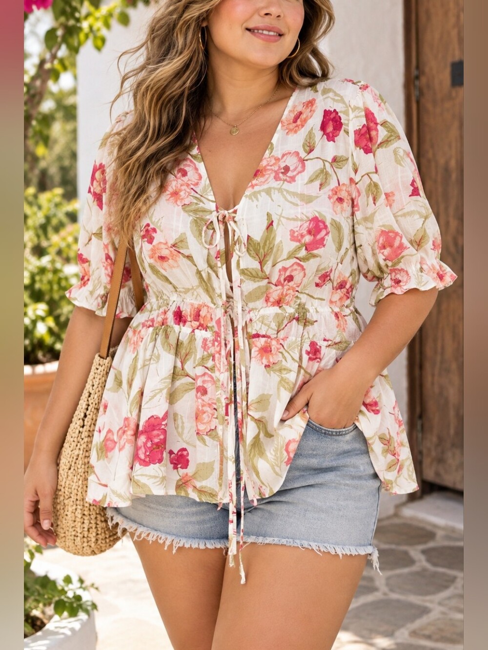 Tamara H. Floral Tie-Front Peasant Top in White and Pink size 1X